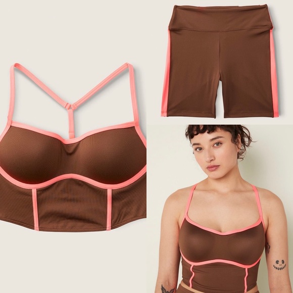 VS Pink Soft Cappuccino & Coral Flash Ultimate Corset Bra & 6” Soft Biker Shorts